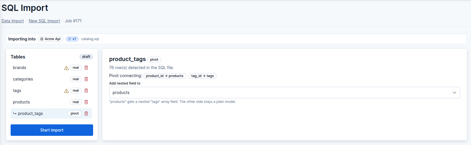 SQL Import pivot table settings screenshot