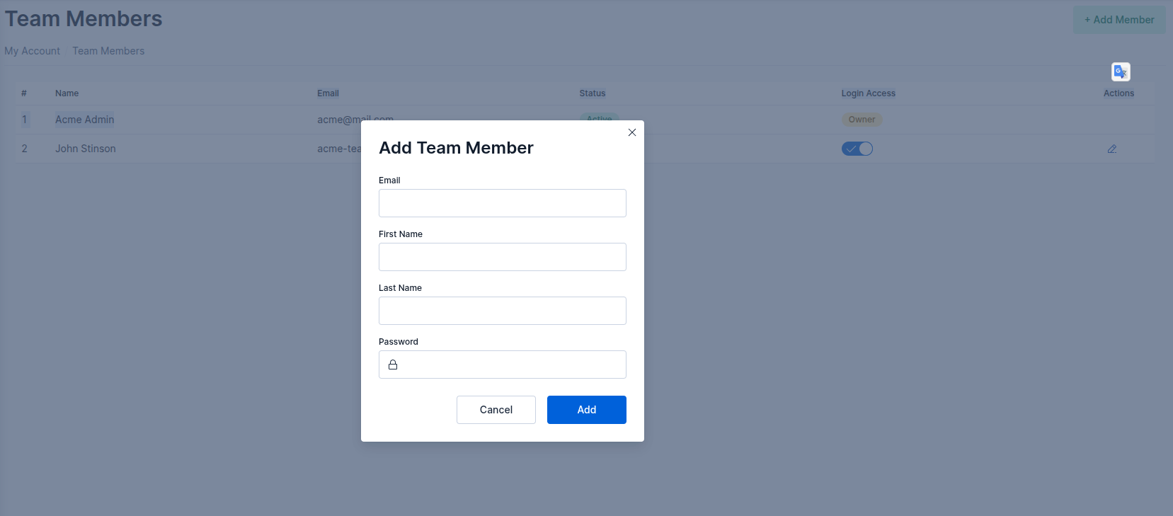 Add Team Member modal screenshot