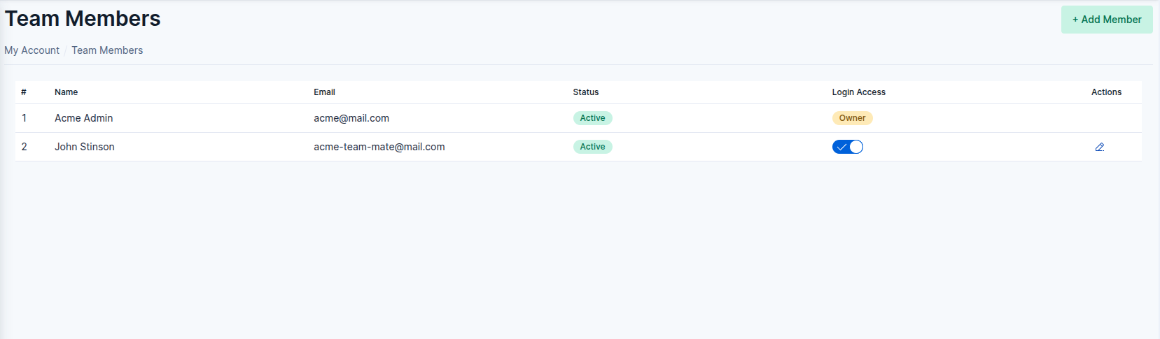 Team Members list screenshot
